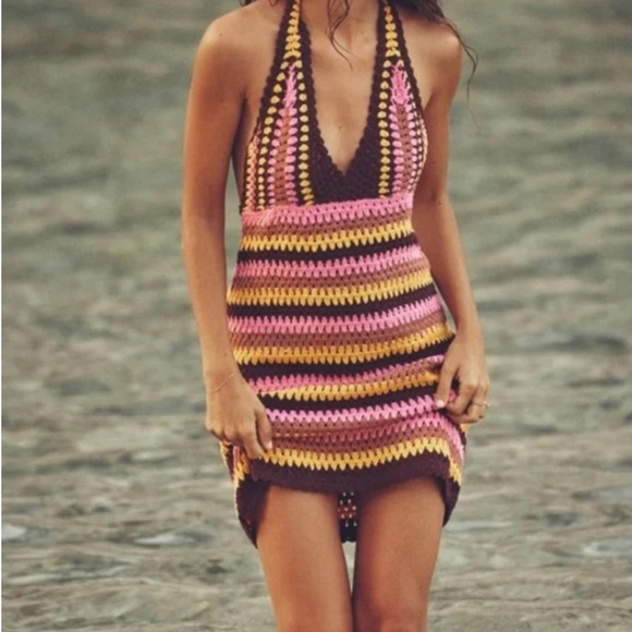 Zara Crochet Mini Dress – Yellow, Pink & Brown – Halter Neck - Picture 1 of 8